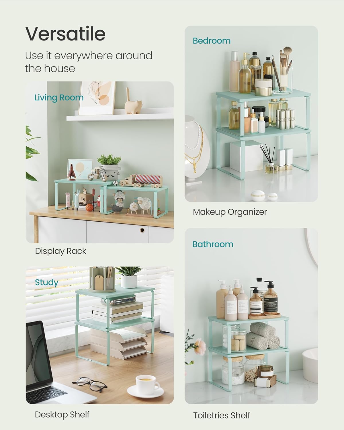 SONGMICS Cabinet Organizer Shelf, Set of 2 Kitchen Counter Shelves, Kitchen Storage, Spice Rack, Stackable, Expandable, Metal and Engineered Wood, Moonlight Green UKCS002C01