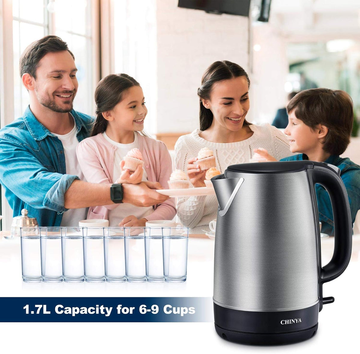 Electric Kettle, 1.7 Liter Stainless Steel Tea Kettle with Blue LED Light, Fast Heating Countertop Tea Maker Hot Water Boiler with Auto Shut-Off & Boil Dry Protection, Black