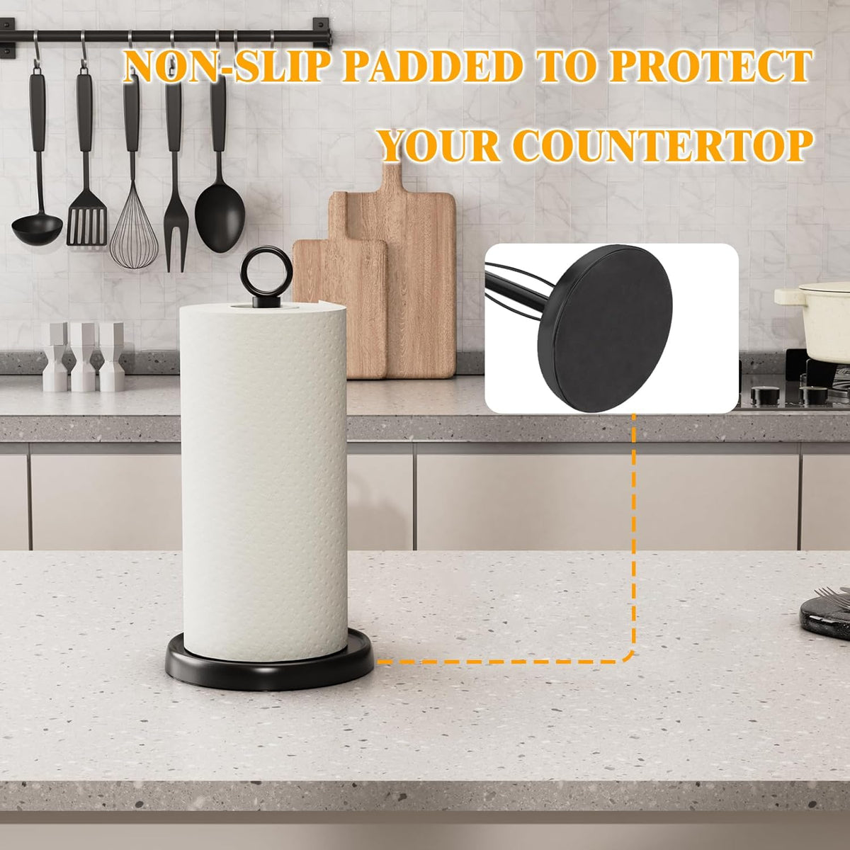 HZE Paper Towel Holder Countertop, One-Handed Tear, Stainless Steel, Weighted Base, Ring Paper Towel Holder Stand with Ratchet System for Kitchen Farmhouse Essentials Decor Accessories (Matte Black)