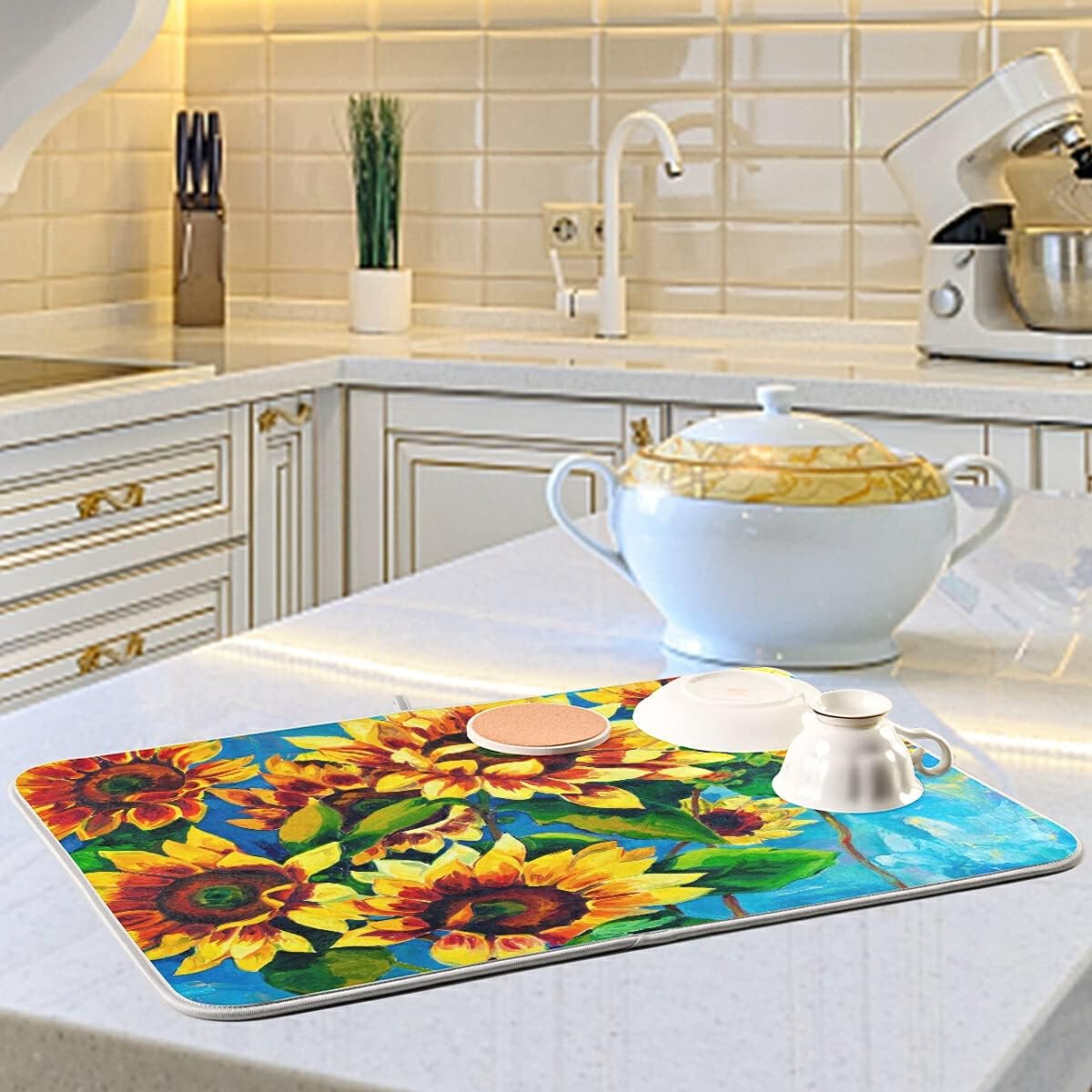 Super Absorbent Dish Drying Mat, Microfiber Fast-Drying Dish Mat, 24" x 18", Kitchen Dish Drying Pad, Sunflowers
