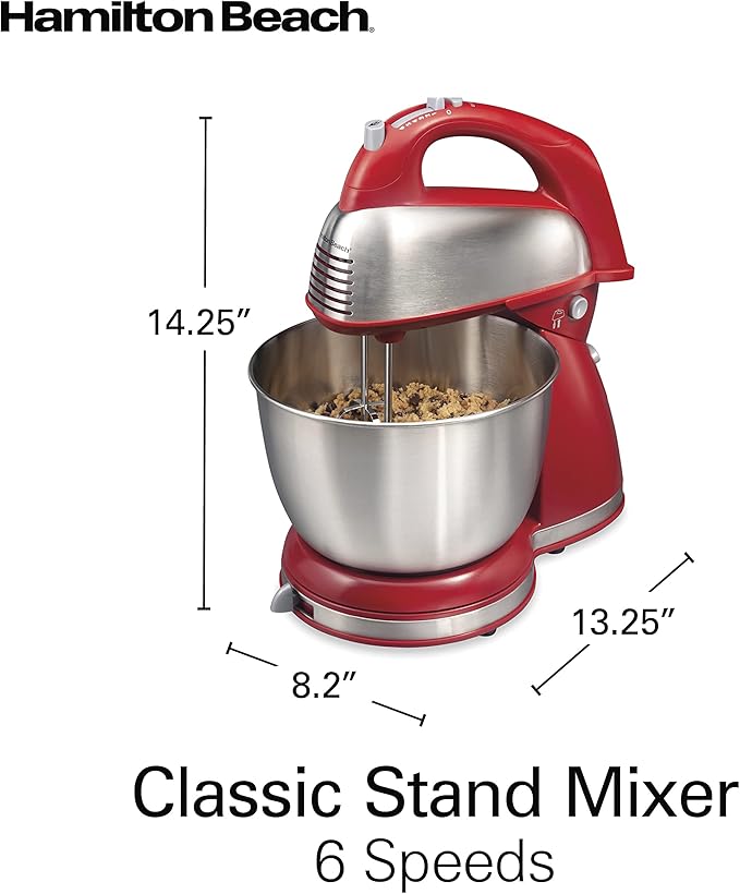 Hamilton Beach Classic Stand and Hand Mixer, 4 Quarts, 6 Speeds with QuickBurst, Bowl Rest, 290 Watts Peak Power, Red (64654)