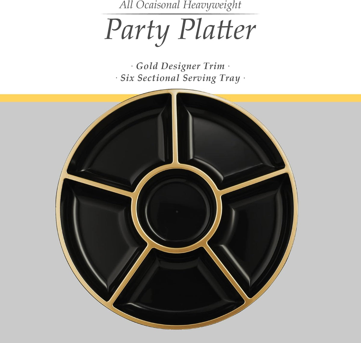 Plasticpro 6 Sectional Round Plastic Serving Tray/Platters Black & Gold Pack of 8