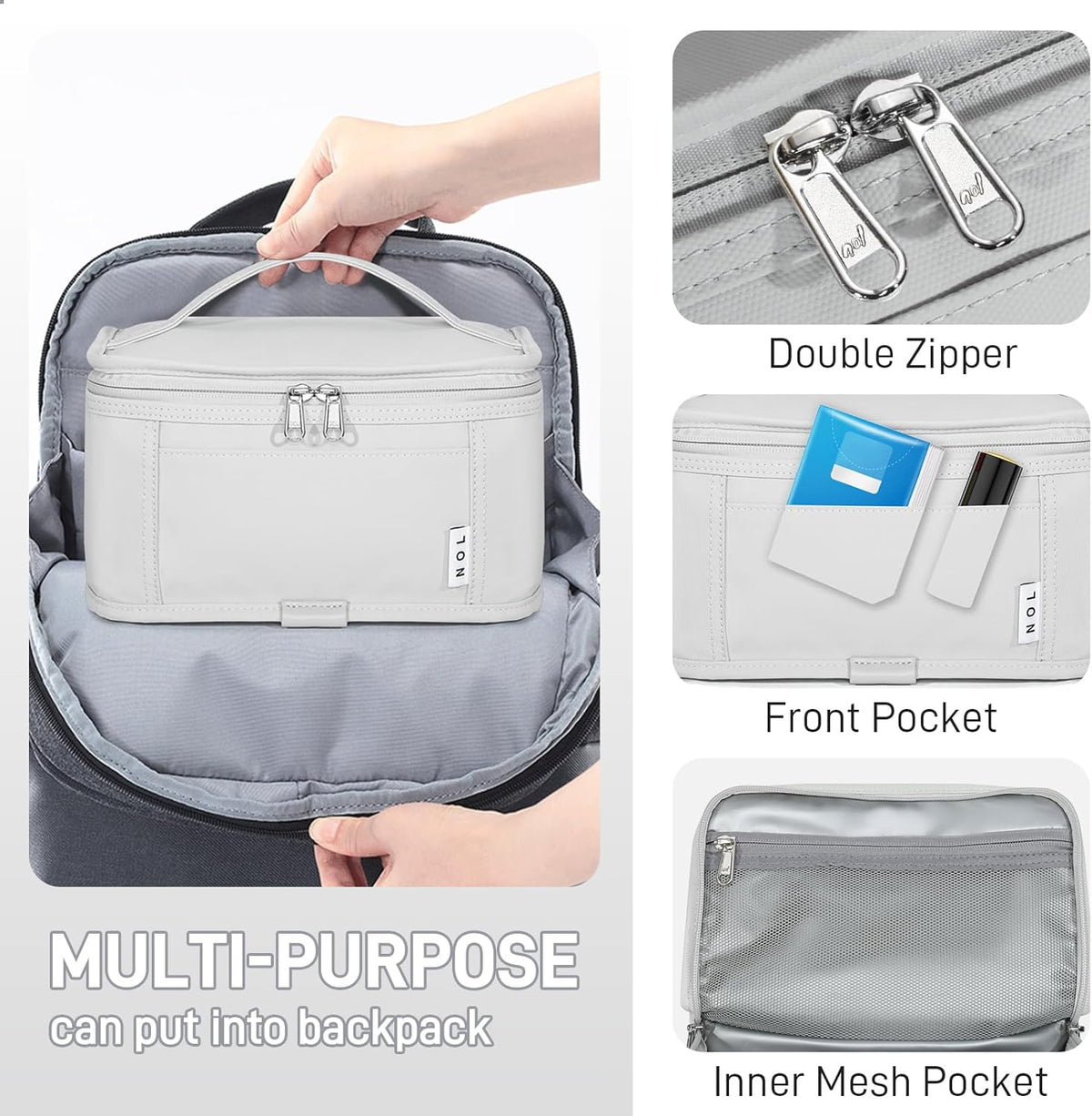 NOL Natural Organic Lifestyle Small Lunch Bag Mini Lunch Box Insulated Lunch Bag for Men/Women Leakproof Cooler Tote Bag Lightweight Nylon Waterproof Lunch Box For Work, Gray white