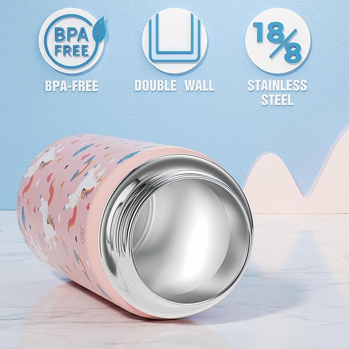 Fimibuke Kids Insulated Water Bottle, 14oz BPA FREE 18/8 Stainless Steel Travel Tumbler Double Wall Vacuum Leak Proof Kids Cup with Straw Metal Water Bottle for School Boys Girls(1 Pack, UNICORN)