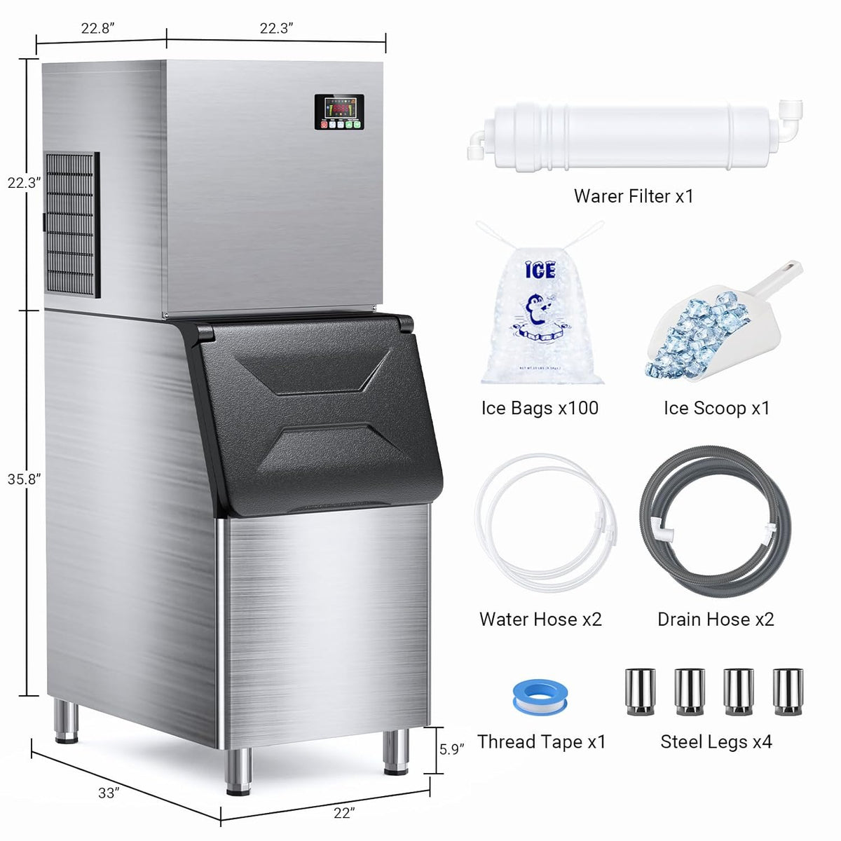 600LBS/24H Commercial Ice Machine Maker, 420LBS Capacity Large Industrial Ice Maker, Clear Ice Cubes Ready in 5-15min, Micron Water Purification Filter 99% impurities, for Cafe, Bar