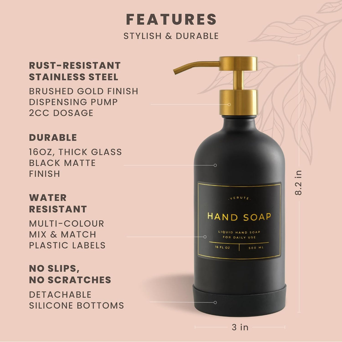 16oz Glass Soap Dispenser with Stainless Steel Pump, 21 Waterproof Labels, Non-Slip Protective Silicone Pad, Set of 2 for Bathroom & Kitchen (Matte Black Bottle/Brushed Gold Pump)