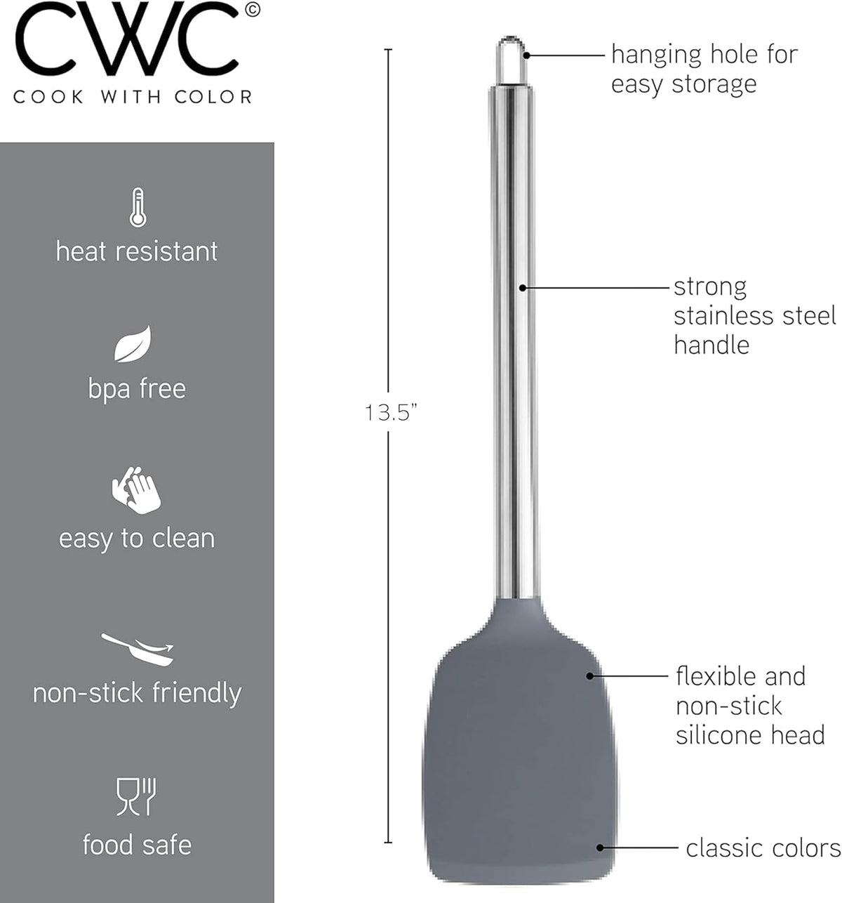 COOK WITH COLOR Silicone Cooking Utensils, Kitchen Utensil Set, Easy to Clean Silicone Kitchen Utensils, Cooking Utensils for Nonstick Cookware, Kitchen Gadgets Set, 10 Pieces, Grey Ombre