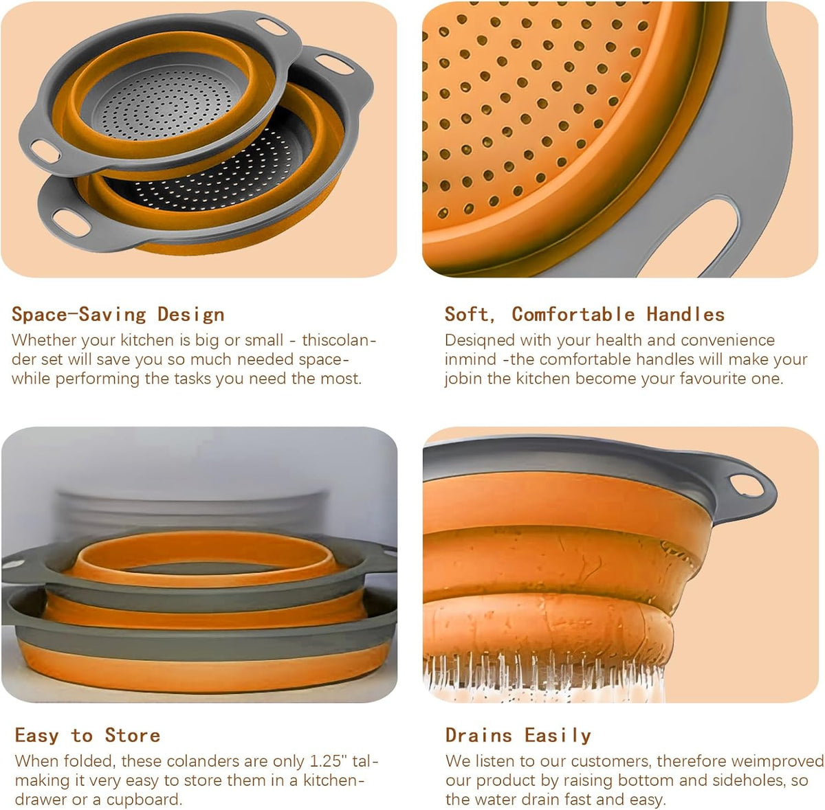 Collapsible Colander Set of 2 Silicone Kitchen Strainer Set, Perfect for Draining Pasta, Vegetable and fruit for Kitchen and Travel Use (Orange)