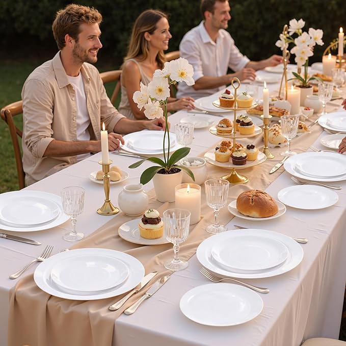 bUCLA 100PCS White Plastic Plates - Heavy Duty White Disposable for Wedding & Party, Include 50 Dinner 10 inch & 50 Dessert 7 inch