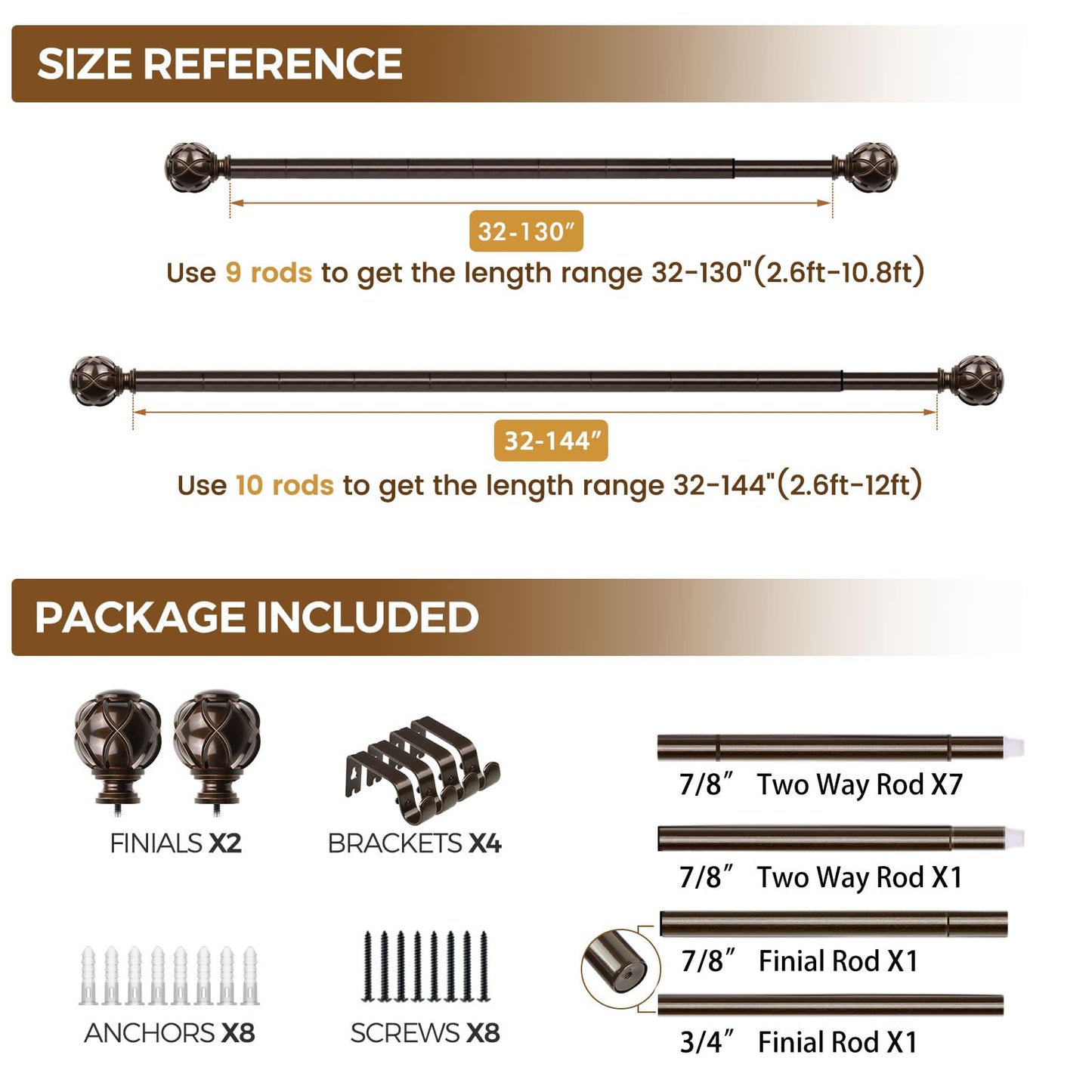 KAMANINA Curtain Rods for Windows 72 to 144 Inch, Long Heavy Duty, Bronze
