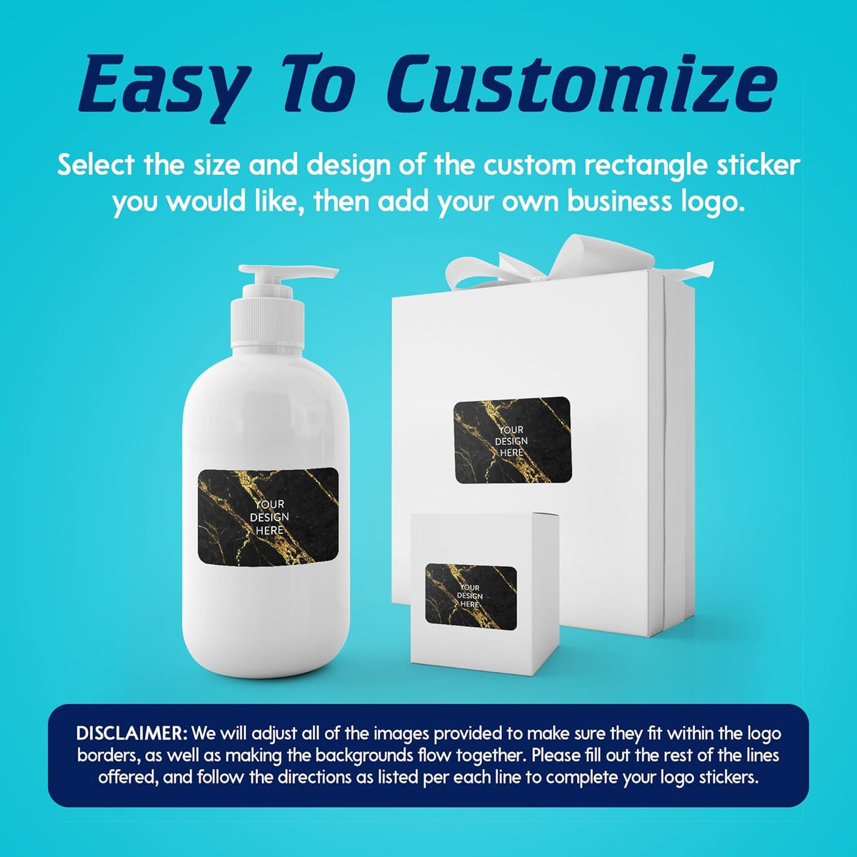 100 Custom Vinyl Stickers - Upload Your own Image, Text, Design, Logo - Personalized Logo Labels for Handmade, Packaging, Bottle, Jars, Candle, Brand Stickers (Black Gold Marble, 5x3)