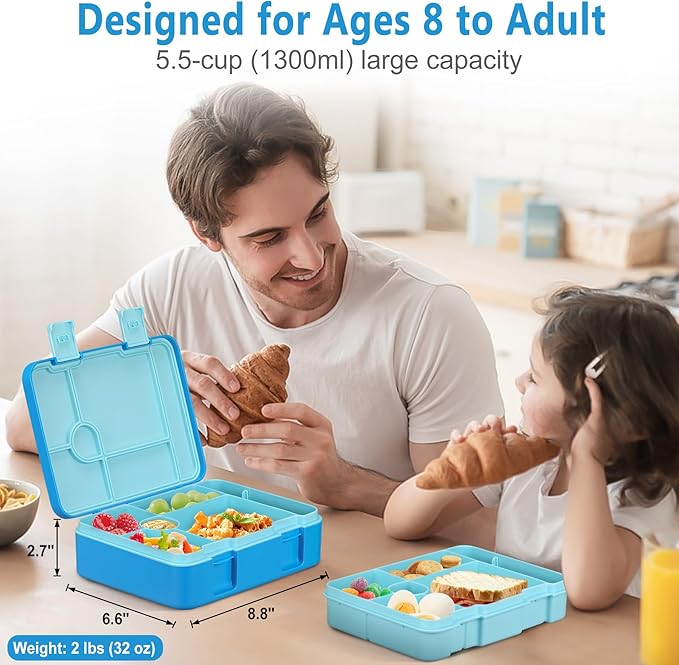 Chill Lunch Box Kids, Leak Proof Adult Bento Box with Ice Pack, 6 Compartment Lunch Container with Utensils for Girl Boy Back to School, 5.5-Cup Capacity, Dishwasher Safe, BPA Free