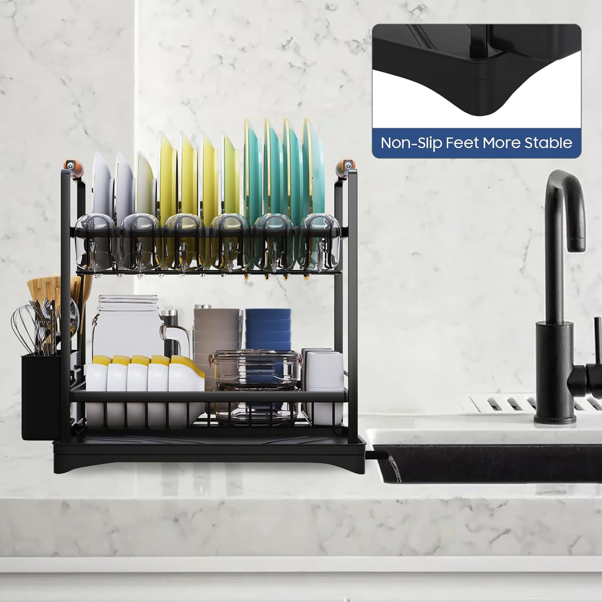 2-Tier Large Dish Drying Rack for Kitchen Counter with Drainboard and Cutlery Holder, 2 Tier Dish Drying Rack, Black,16.54" D x 11.81" W x 17.71" H