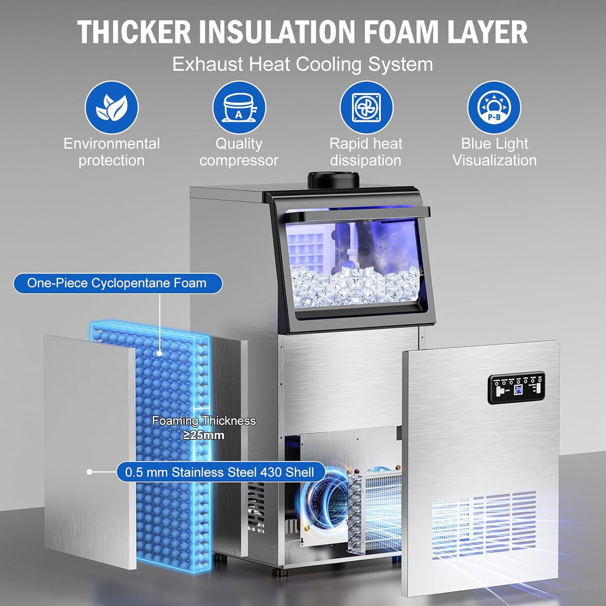 Commercial Ice Maker Machine 110 LBS/24H, 36 Ice Trays Freestanding & Undercounter Ice Machine Stainless Steel with 20 LBS Ice Storage Capacity, Ice Maker with Water Line and Filter, Dual Water Inlet