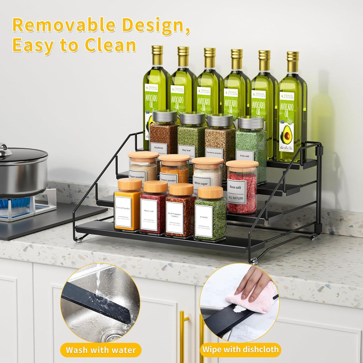 RCHYFEED Spice Rack Organizer for Cabinet Pantry,4 Tier Spice Rack Countertop,Tierd Spice Organization Easy Visibility, Depth Adjustable Seasoning Organizer for Cabinet (Black, 2Pack)