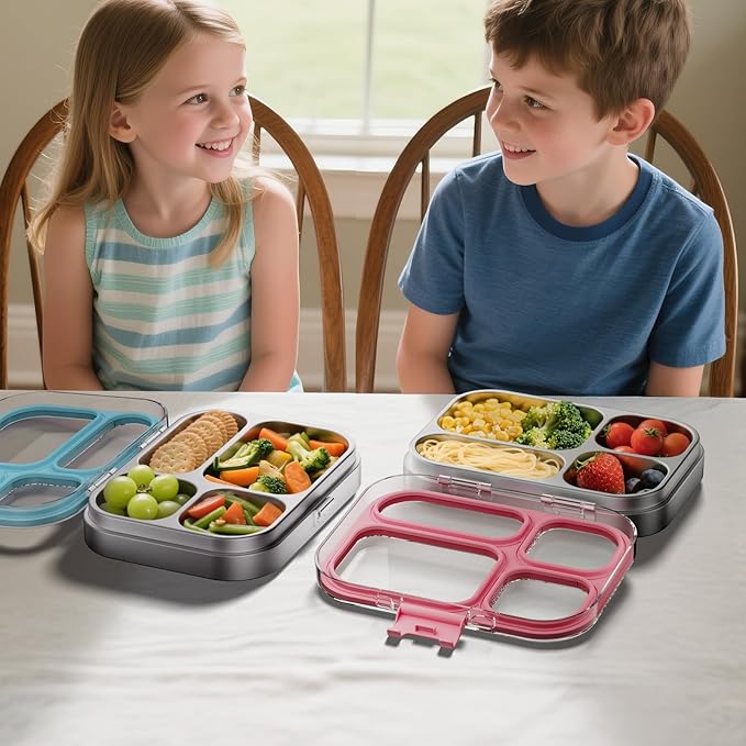 G.a HOMEFAVOR Kids Stainless Steel Lunch Box - 4-Compartment Bento Box with Locking Lid, One-Touch Latch, Leakproof Food Container for School, Travel, 800 ml, Pink