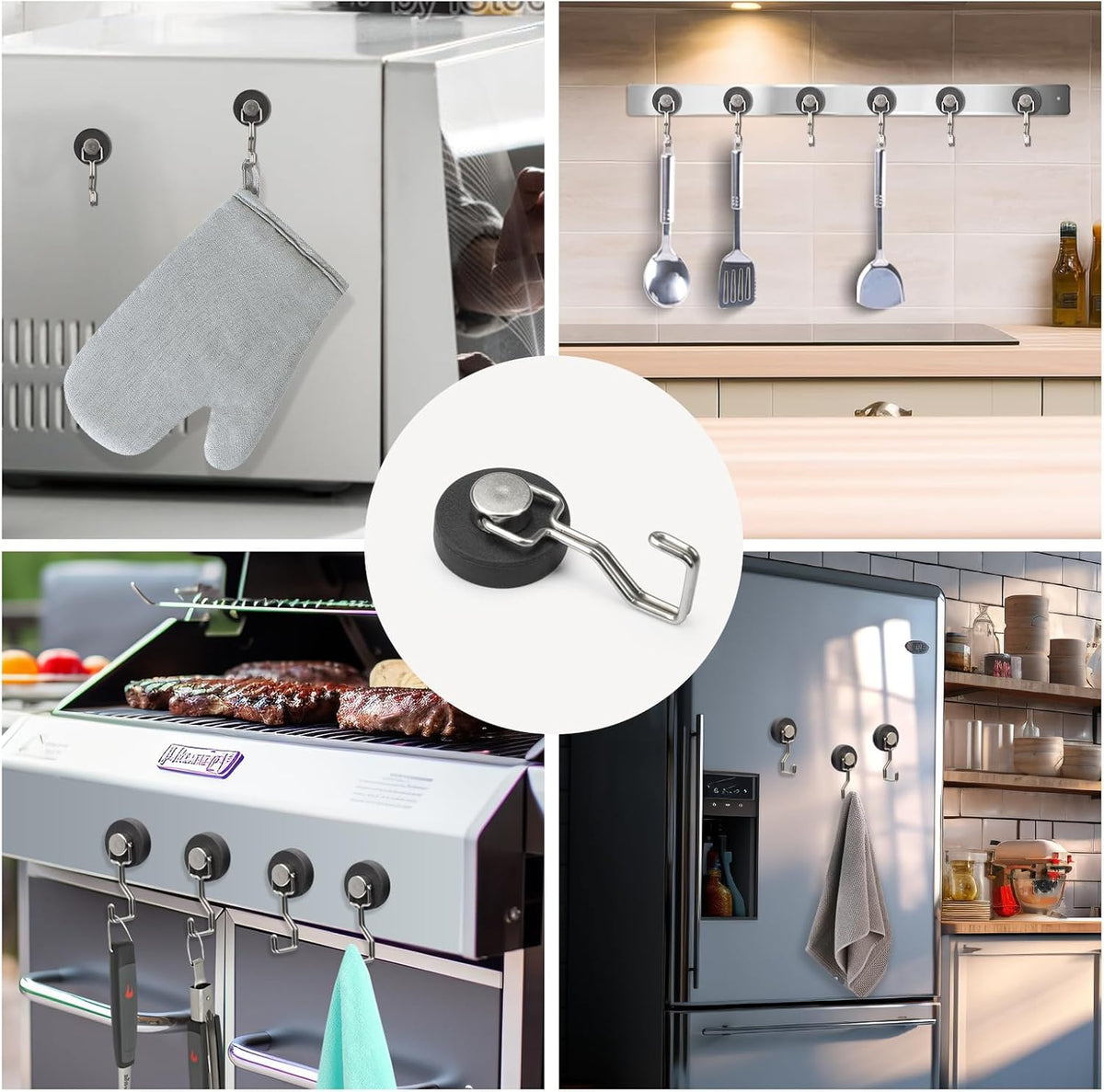 Heavy Duty Magnetic Hooks for Grill, Refrigerator & BBQ – 4-Pack Strong Magnet Hooks for Hanging Grill Tools, Kitchen Utensils, Towels & Outdoor Camping Accessories