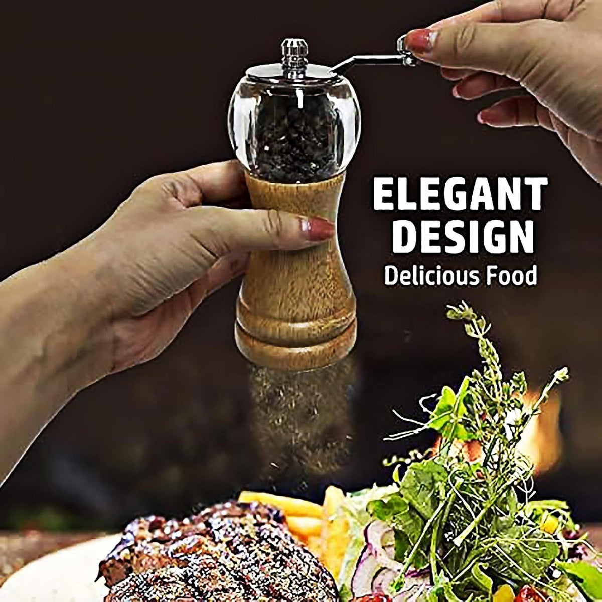 Pepper Mill Manual Pepper Grinder Set, Classical Hand Shake Wooden Pepper Mills Set Salt Mills Ceramic Core Grinding Metal Handle, Enjoy Fresh Ground Pepper Sea Salt Various Spices