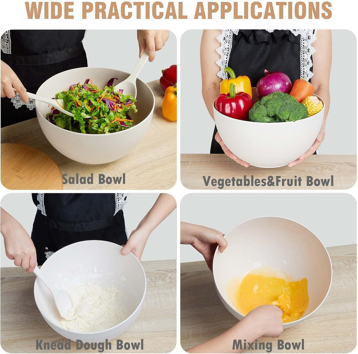 11.3" Extra Large Salad Serving Bowl Set with Wooden Lid&Utensils, 6.5Qt., Bamboo Fiber Salad Bowl with Servers for Kitchen, Lightweight Big Bowl for Mixing Salad,Fruit,Pasta - Matte White