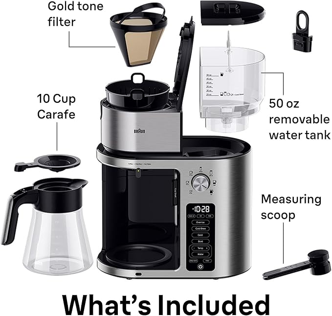 Braun MultiServe Plus 10-Cup Drip Coffee Maker - Hot & Cold Multi-Serve Brewer with Timer and Auto Start, Hot Water Dispenser, Over Ice Function, Stainless Steel & Pod-Free Design, KF9370SI