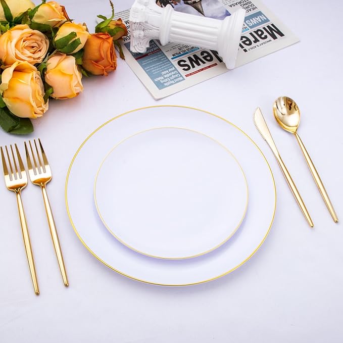 SUT 300 Pcs Gold Plastic Cutlery, Gold Utensils Disposable, Gold Plastic Silverware Set Include 100 Gold Plastic Forks, 100 Gold Plastic Spoons, 100 Gold Plastic Knives Heavy Duty Flatware for Party