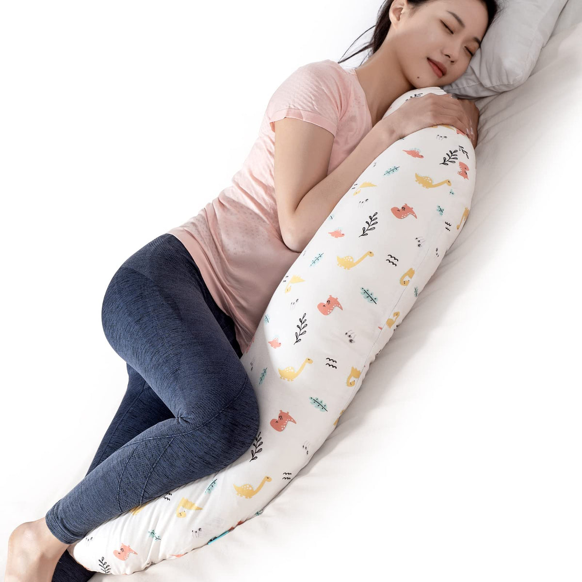 BYRIVER C Shaped Pregnancy Pillow with Cover, Knee Pillow for Side Sleeper Knees Legs Hips Pain, Leg Pillow Elevation for Lower Back Pain, Versatile Small Body Pillow for Sleeping(Dino)