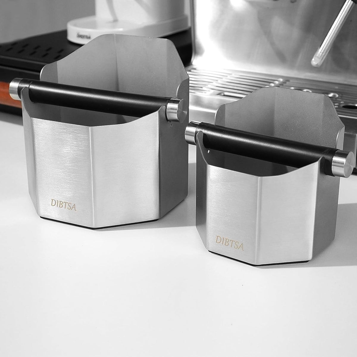 DIBTSA Espresso Knock Box, with Removable Knock Bar and Non-Slip Rubber Base,Coffee Bar Accessories, Stainless Steel, Silver, Large