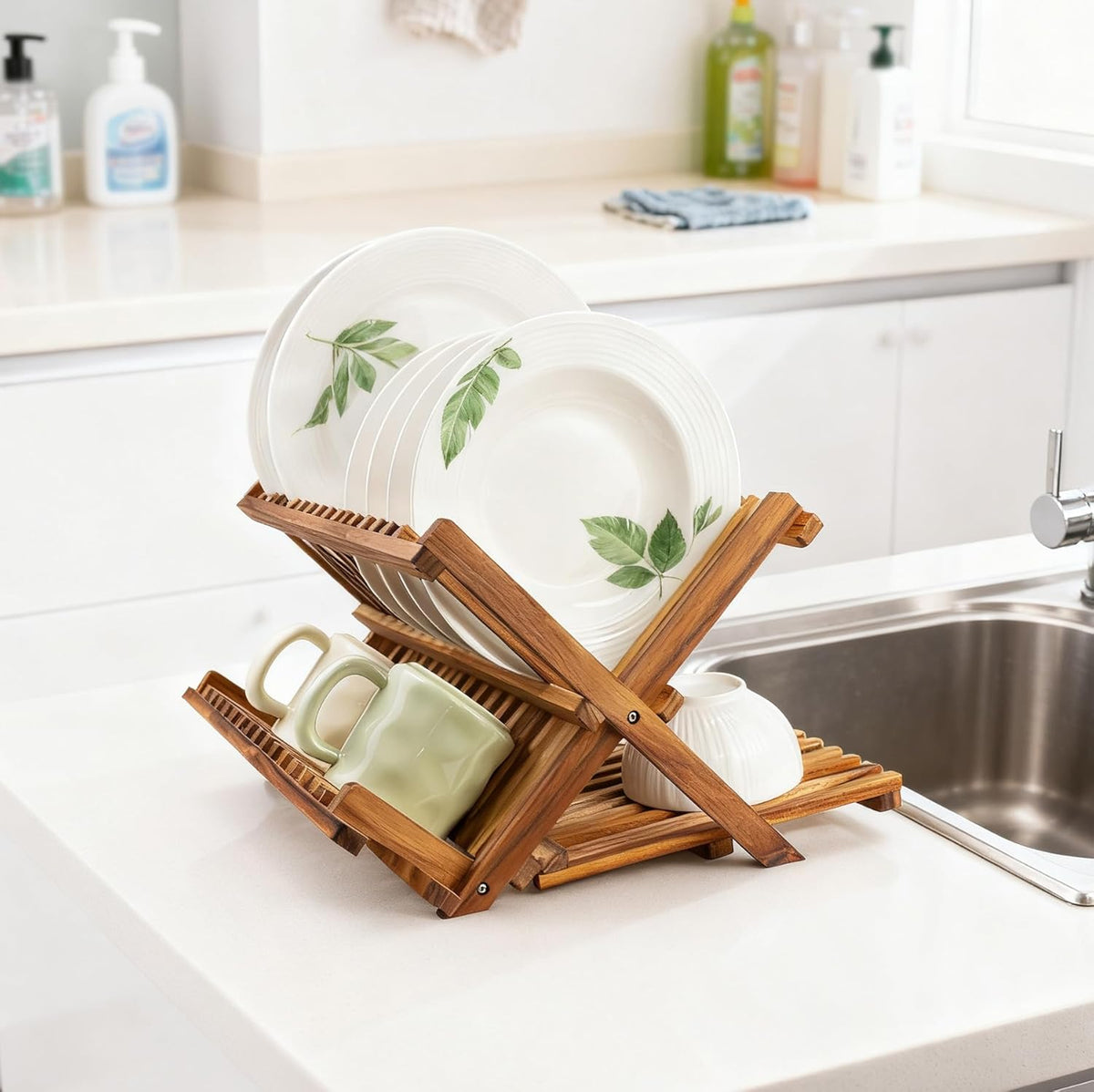 Utoplike 3 Tier Collapsible Teak Wood Dish Drying Rack, Foldable Large Capacity Dish Draine, Space-Saving Countertop Kitchen Organizer for Plates, Cups