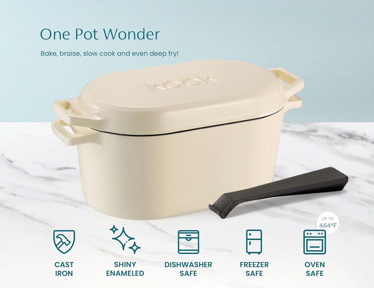 KooK Dutch Oven with Lid, Dual Handles, Enameled Cast Iron, includes Lid Lever, Great for Baking Bread, Cooking and Roasting, Dishwasher Safe, 3.4 Qt, Ivory