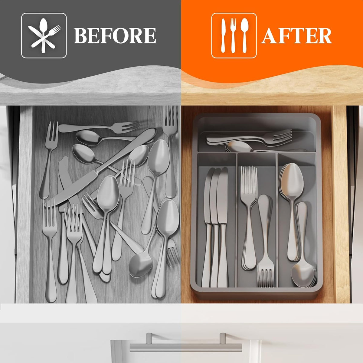 Lifewit Silverware Tray, Cutlery Drawer Organizer Storage for Kitchen, Plastic Flatware Utensil Holder Divider for Spoons Forks Knives Tableware, 4 Compartment, Gray