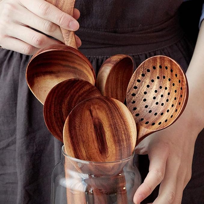 7 Pcs Acacia Wood Cooking Utensils Set Large Wooden Spoons for Cooking Spatula Salad Mixing Spoon Non Toxic Utensil for Kitchen Use Spatulas Non Stick Turner Slotted Serving Spoon Kitchen Utensils