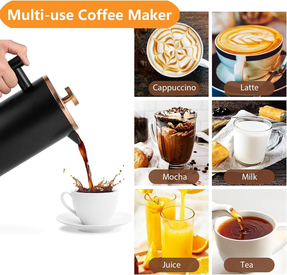 Black French Press Stainless Steel 34oz, Double Wall Insulated Coffee Press 1L for travel camping with 2 Extra Filter Screens and 1 Coffee Spoon(8cup 1000ml)
