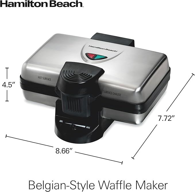Hamilton Beach Belgian Mini Waffle Maker with Shade Control, Makes 2 at Once, Create Personalized Keto Chaffles and Hash Browns, PFAS-Free Non-Stick Plates, Compact Design, Stainless Steel (26009)