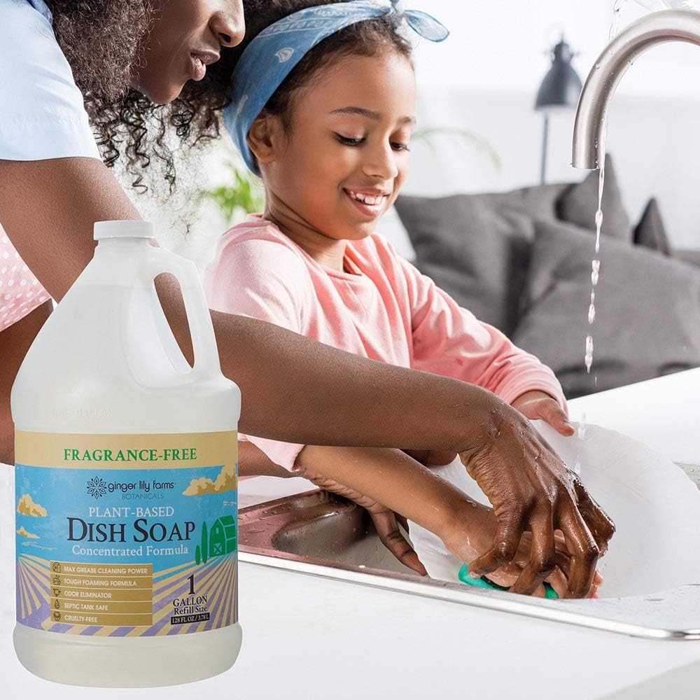 Ginger Lily Farms Botanicals Plant-Based Liquid Dish Soap, Concentrated Formula with Max Grease Cleaning Power, Cruelty-Free, Fragrance-Free, 1 Gallon Refill (128 Fl. Oz.), Clear
