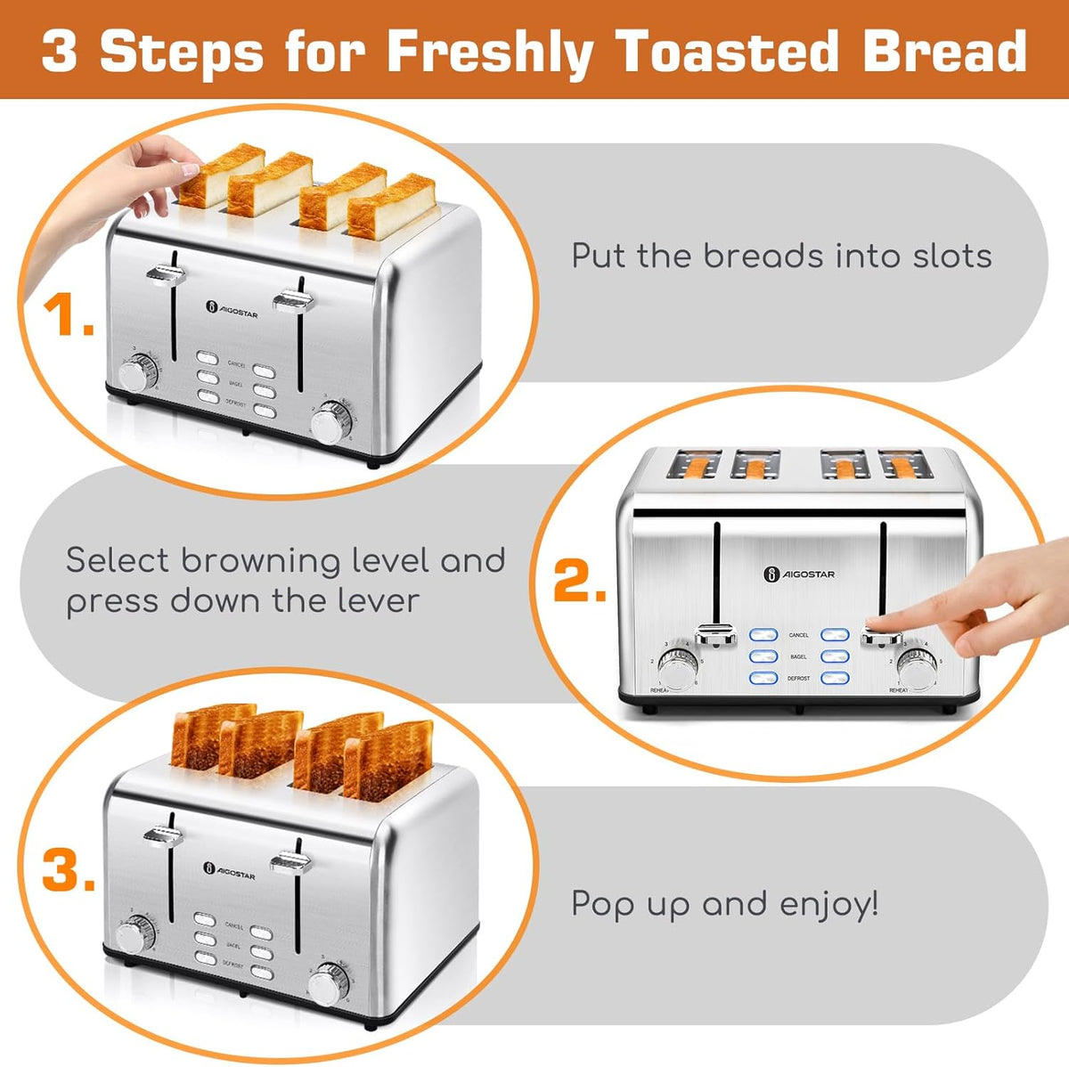 Aigostar Toaster 4 Slice 1.6" Wide Slot Stainless Steel Toasters with Bagel, Reheat, Cancel, Defrost Function, 6 Shade Settings, Removable Crumb Tray, 1550W, Best Rated Prime 4 Slice Toasters