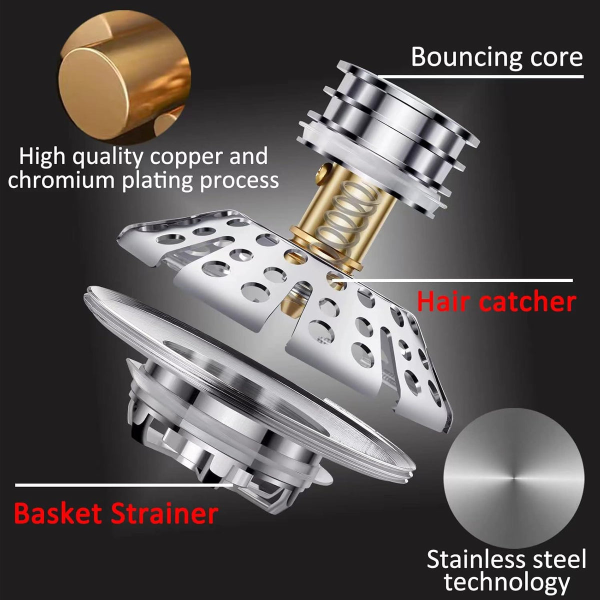 Universal Tub Stopper Bathtub Drain Plug, Pop Up Tub Drain Hair Catcher, Drain Cover with Strainer, for 1-3/8 to 2in Bath Drain Hole