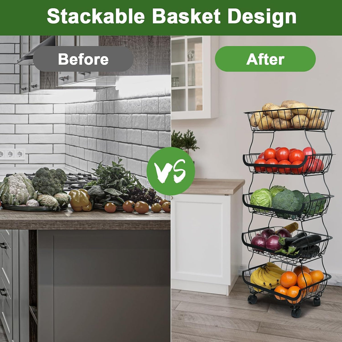 Fruit Vegetable Storage Basket, Kitchen Fruit Vegetable Storage Cart, 5 Tier Stackable Metal Wire Storage Baskets with Wheels, Produce Basket Organizer Bins for Pantry, Bathroom, Black