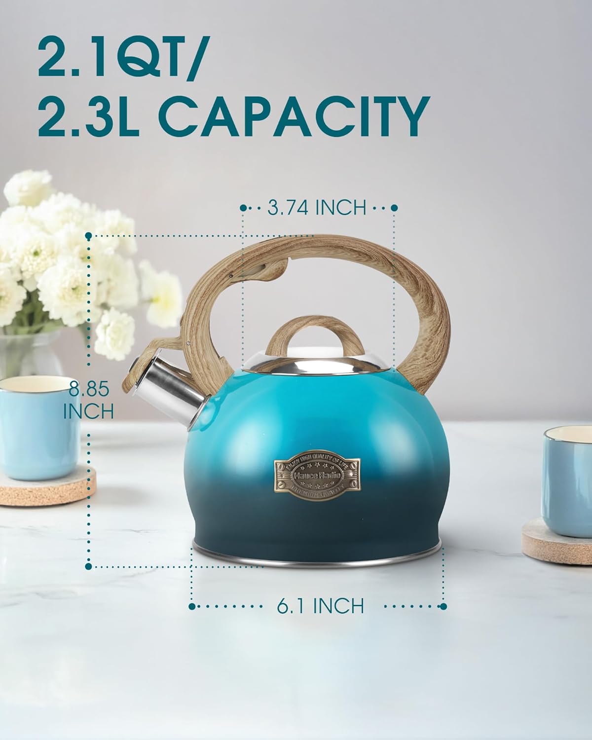 Tea Kettle, Whistling Stovetop Teapot Food Grade Stainless Steel Tea Kettles for Stove Top with Anti-hot Ergonomic Handle,Kettle Spout for Tea, Coffee or Milk, 2.1 Quart Tea Pots