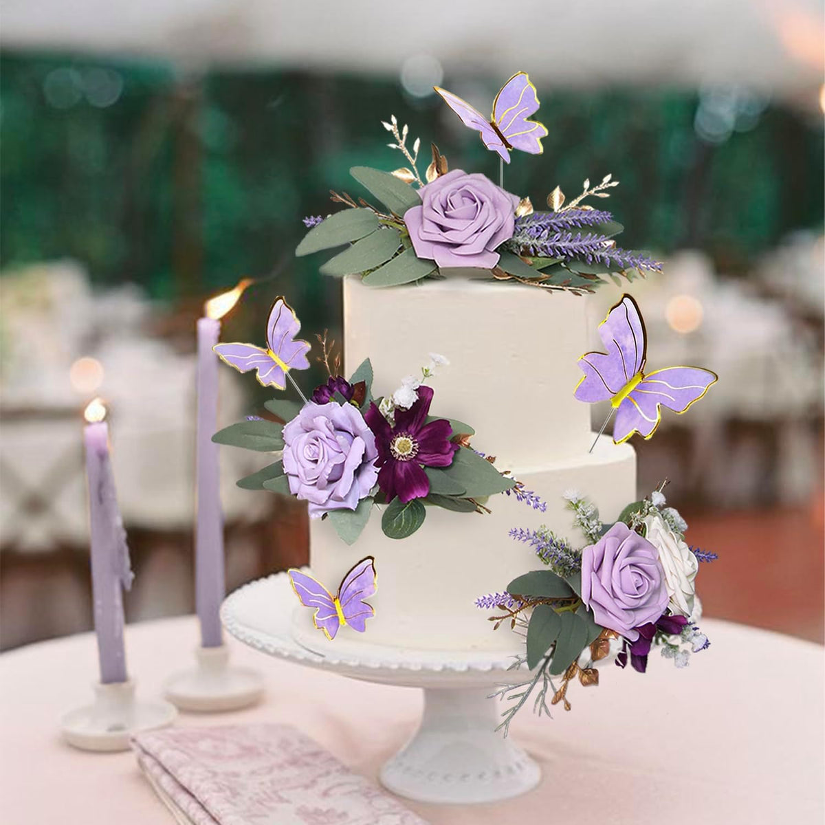 Rinlong 3Pcs Pre-made Purple Cake Flowers Decorations Flower Cake Topper Butterfly Cake Decorating Flowers for Wedding Sweet 16 Birthday Girl