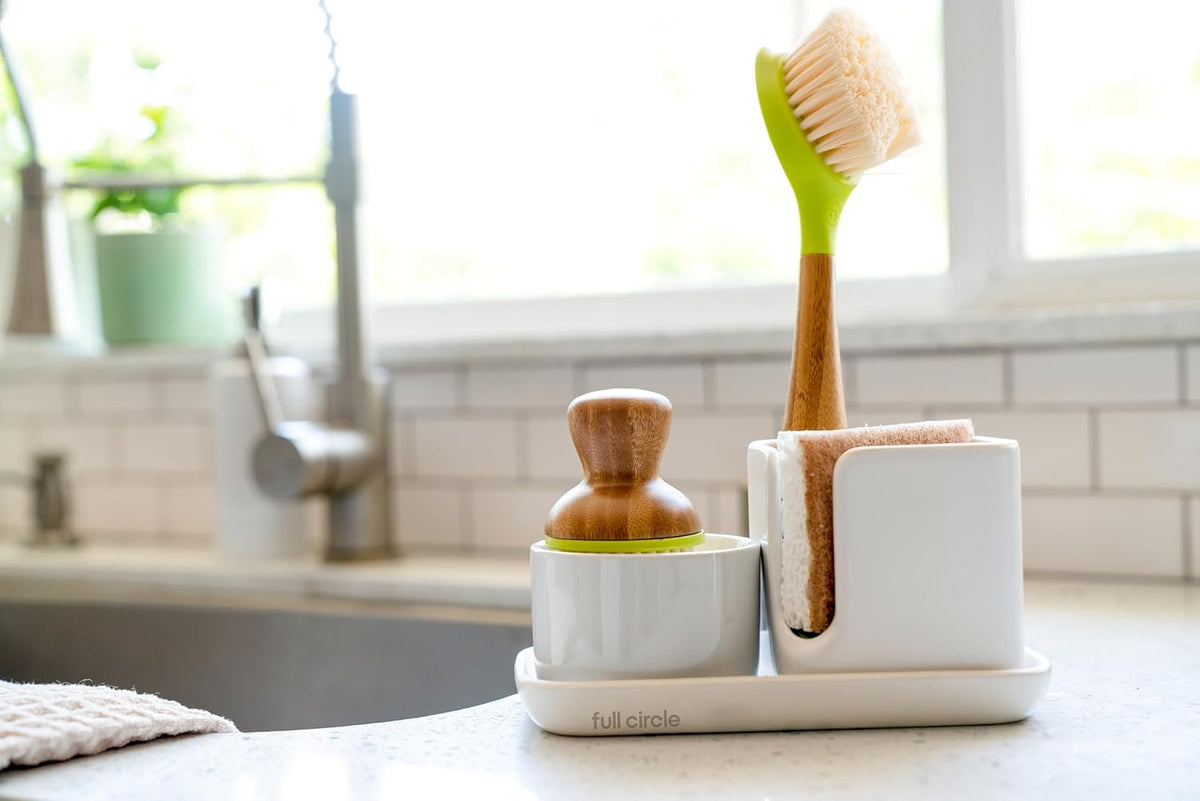 Full Circle Stash, Ceramic Kitchen Sink Caddy, Stylish Modular Sponge Holder & Dish Brush Organizer, Green and White, 11"