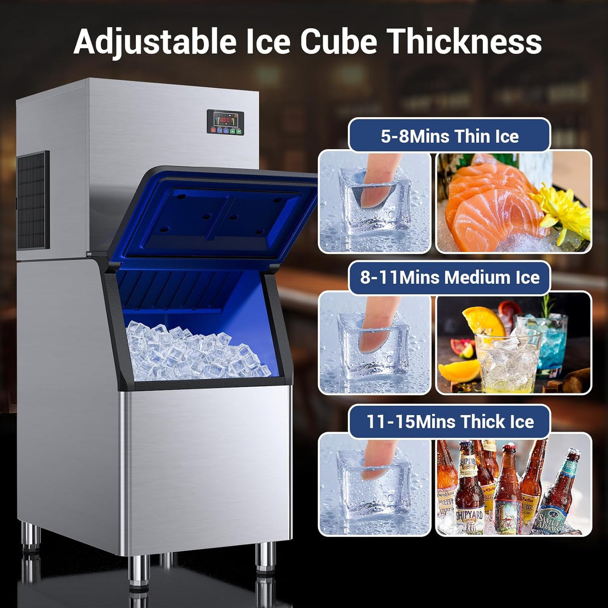 Commercial Ice Machine Maker 600lbs/24H, Ice Ready in 5-15 min, 400lbs Large Storage Bin, Stainless Steel Ice Machine with Water Line Hookup, 12 Adjustable Ice Thicknesses