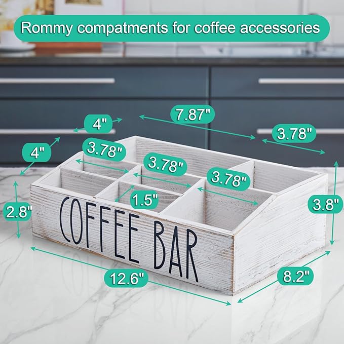 ALELION White Coffee Station Organizer for Countertop - 7 Compartments Rustic Coffee Bar Accessories and Organizer with Removable Dividers