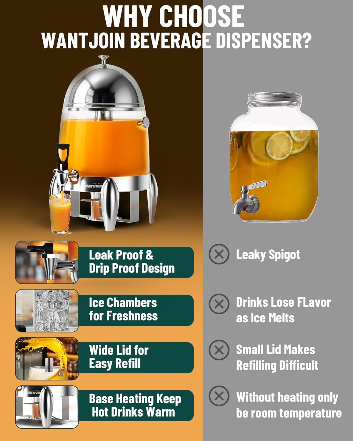 WantJoin Beverage Dispenser With Stand - 3.2 Gallon Drink Dispenser With Ice Core & Fuel Holder, Leakproof Spigot, Visible Container, Drink Dispenser For Cold & Hot Drink Parties Gathering Cafeteria