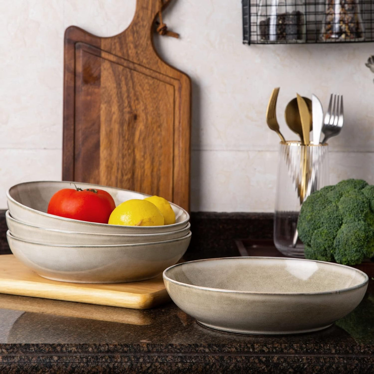AmorArc 8.5'' Large Pasta Bowls, 36oz Ceramic Salad Serving Bowls Set of 6 for Kitchen, Wide Stoneware Bowls for Pasta,Salad,Fruit,Bread, Microwave Safe, Cappuccino