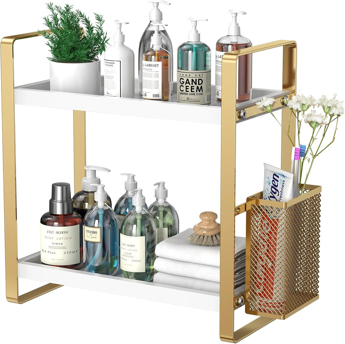 Bathroom Counter Organizer, Wood Vanity Trays with Basket, Skincare Countertop Organizers, Large Capacity Makeup and Perfume Organizer