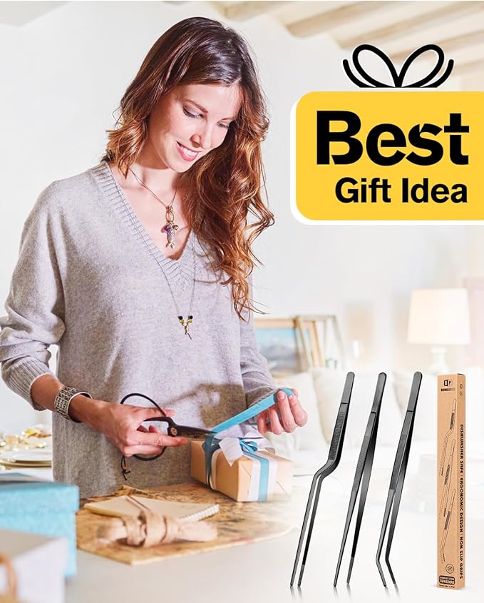 Fine Cooking Tweezers Set, Professional Stainless Steel Food Tongs, Kitchen Black Long Chef Tweezer for Cooking, Plating, Decorating and BBQ (BLACK, 12 inch)