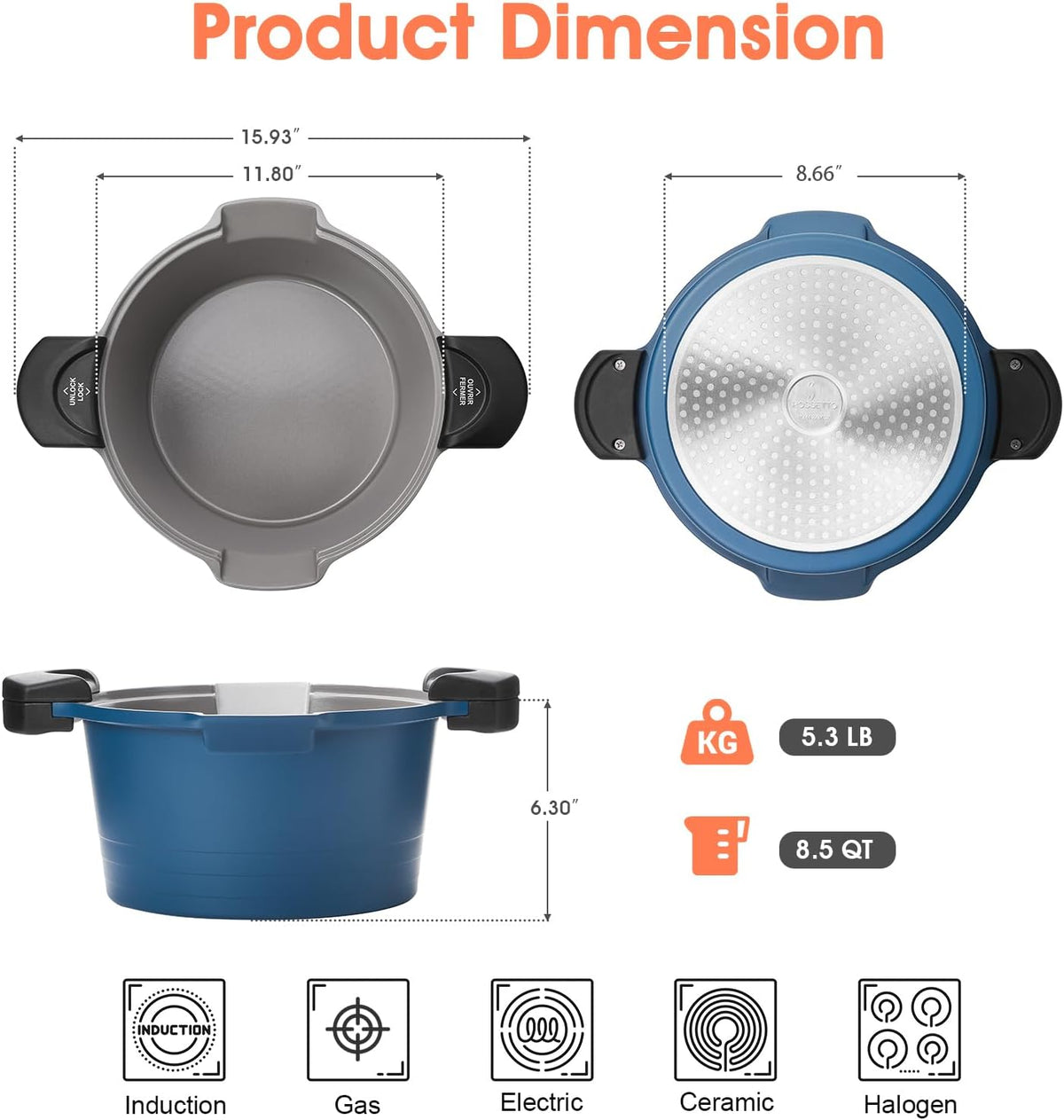 ACTIV CUISINE 8.5qt Pasta Pot with Strainer Lid, Cast Aluminum Stockpot Multipot, Nonstick Ceramic Coating make Cleanup easy with Tempered Glass Lid, Dishwasher Safe, Induction, Blue