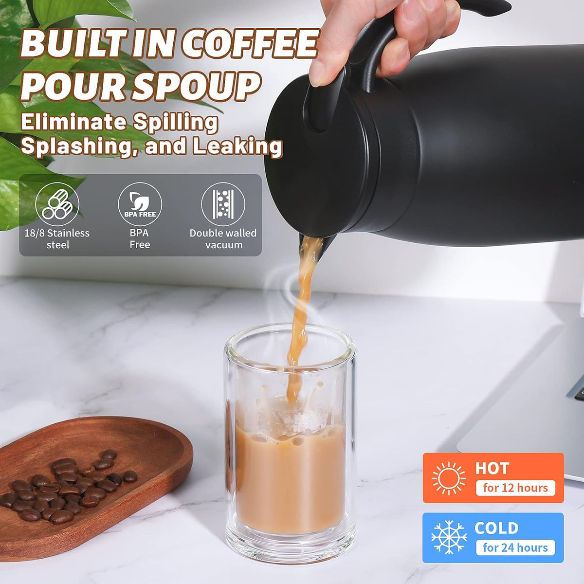 34 Oz Thermal Carafe, Insulated Stainless Steel Coffee Carafes for Keeping Hot Coffee & Tea for 12 hrs and Cold for 24 hrs, 1L/Black