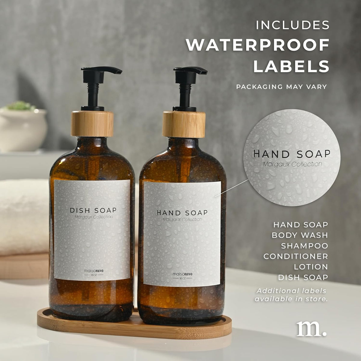 Maisonovo Glass Soap Dispenser Bathroom Set | Hand Soap and Dish Soap Dispenser Set | 16.9oz Amber Bottles with Black Bamboo Pump | Bathroom Lotion Dispenser with Pump Set of 2