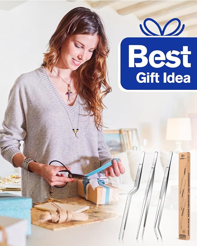 Fine Cooking Tweezers Set, Professional Stainless Steel Food Tongs, Kitchen Black Long Chef Tweezer for Cooking, Plating, Decorating and BBQ (SILVER, 12 inch)